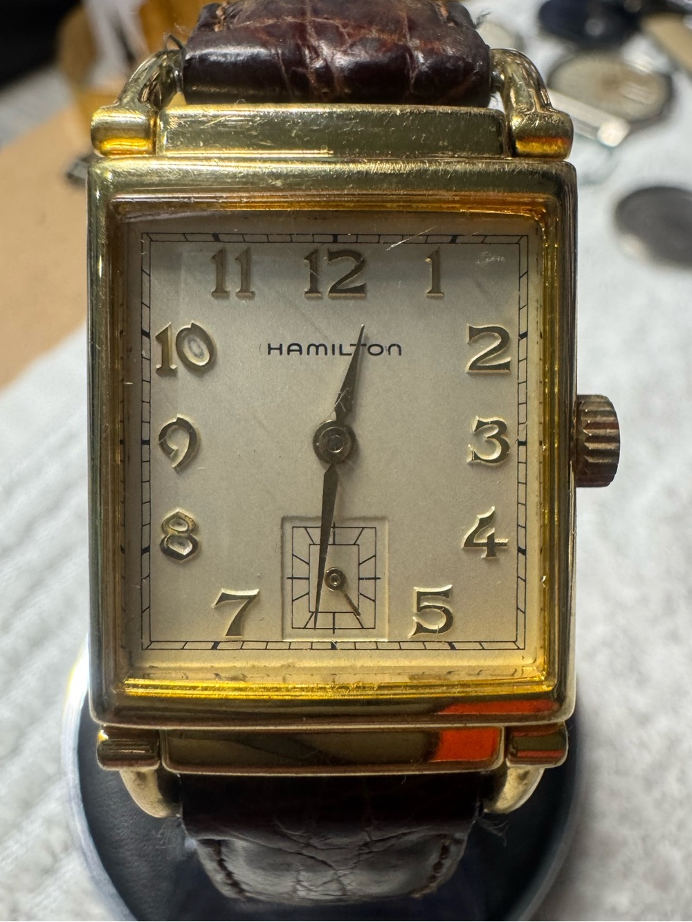 Hamilton Gold Rectangular Dress Watch with Brown Strap